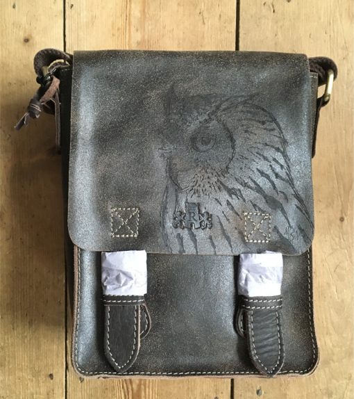 eagle owl pyrographed leather bag